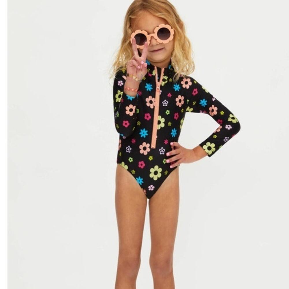Beach Riot Girls Black Floral Long-Sleeve One-Piece Swimsuit with Pink Zip